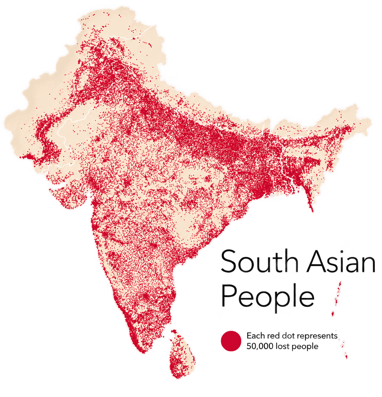 Map of India showing population distribution with red dots representing 50,000 people each